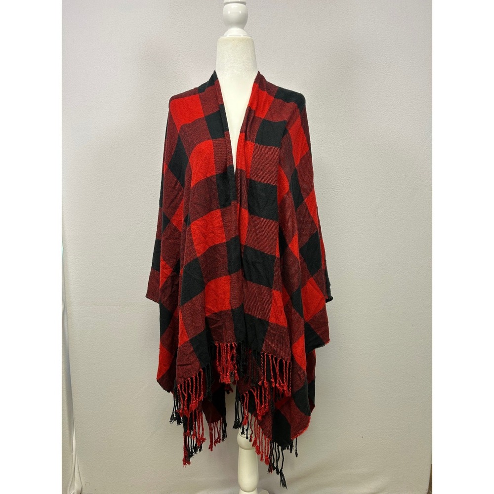 Lumberjack Cabin Core Womens OS Red Black Buffalo Plaid Fringe Poncho Shawl Wrap